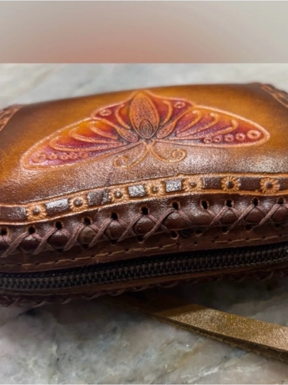 Hand-Tooled Leather Wallet with Blue Butterfly and Pink Accents case wallet